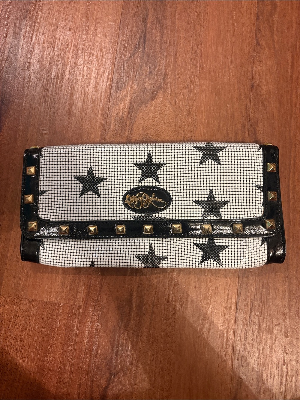 Betsey Johnson Black & White Star-Print Clutch with Gold Studs